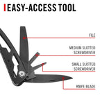 Coast CT225 Multi Tool - Multitool with knife blade, file, and screwdrivers labeled on a white background