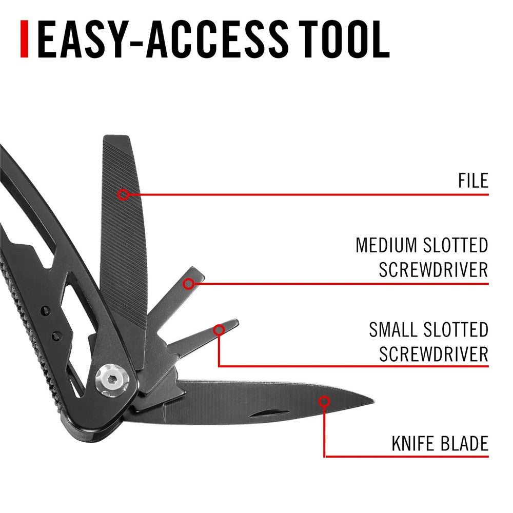 Coast CT225 Multi Tool - Multitool with knife blade, file, and screwdrivers labeled on a white background