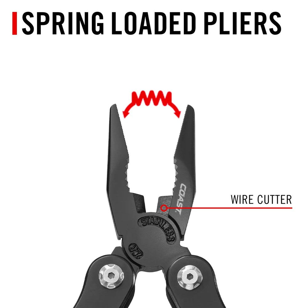Coast CT225 Multi Tool - Spring loaded pliers with a focus on the wire cutter feature, labeled on a white background.
