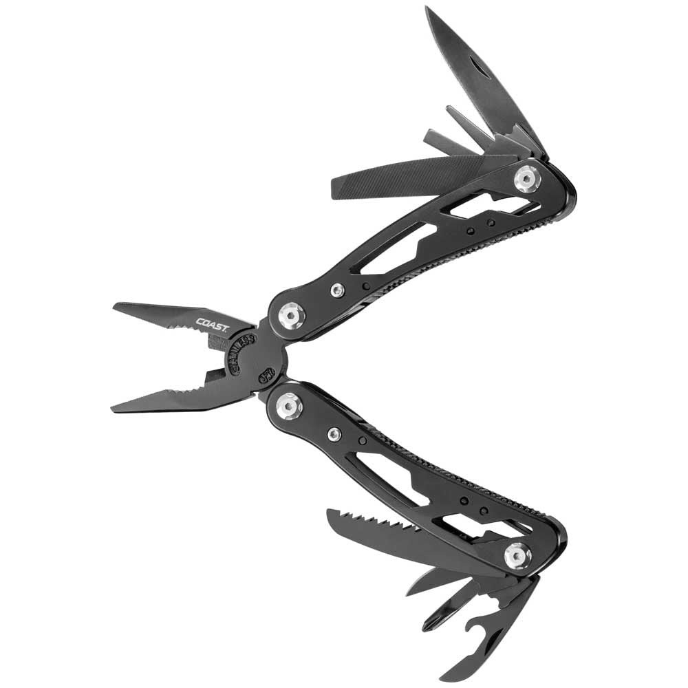 Coast CT225 Multi Tool - Black multi-tool with various components on a white background