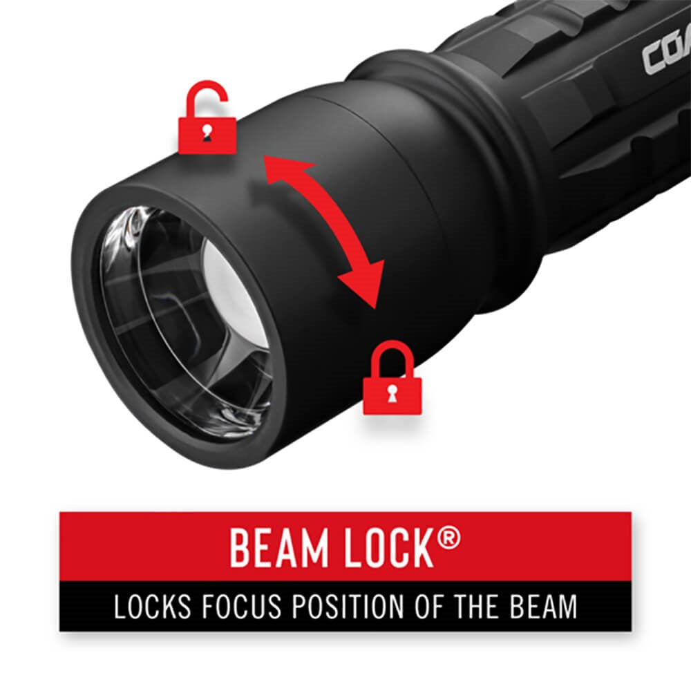Coast XP11R LED Torch Beam lock - Black flashlight with Beam Lock feature on a white background
