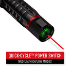 Coast XP11R LED Torch - Black flashlight with red accent and green light, featuring a quick-cycle power switch on a white background.