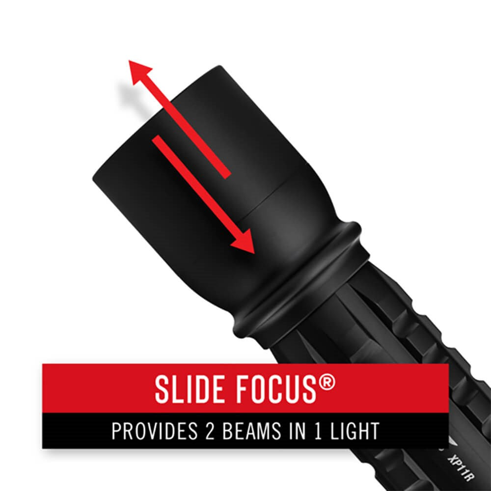 Coast XP11R LED Torch focus - Black flashlight with 'Slide Focus' feature on a white background