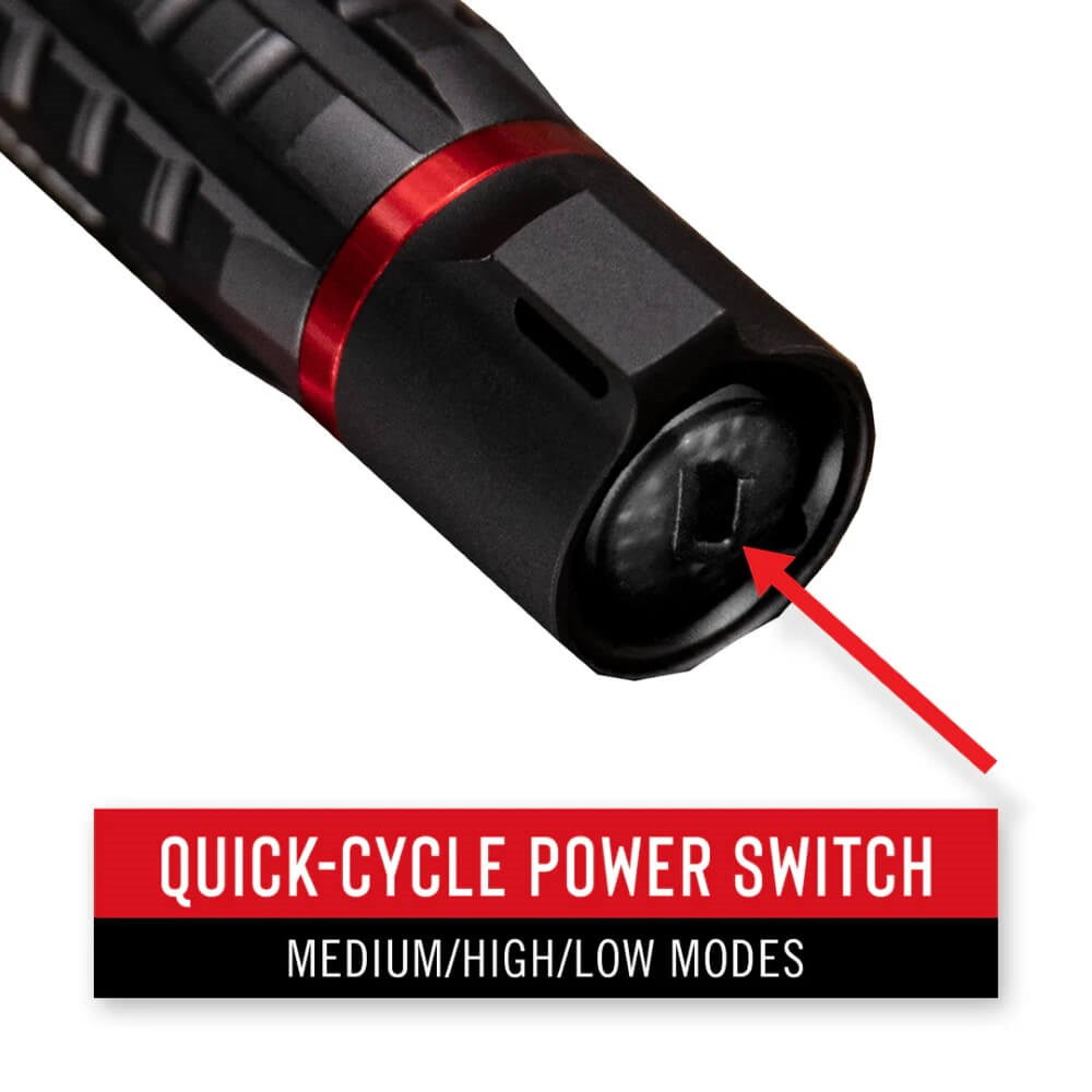 Coast XP6RLED Torch - Black flashlight with quick-cycle power switch labeled on a white background