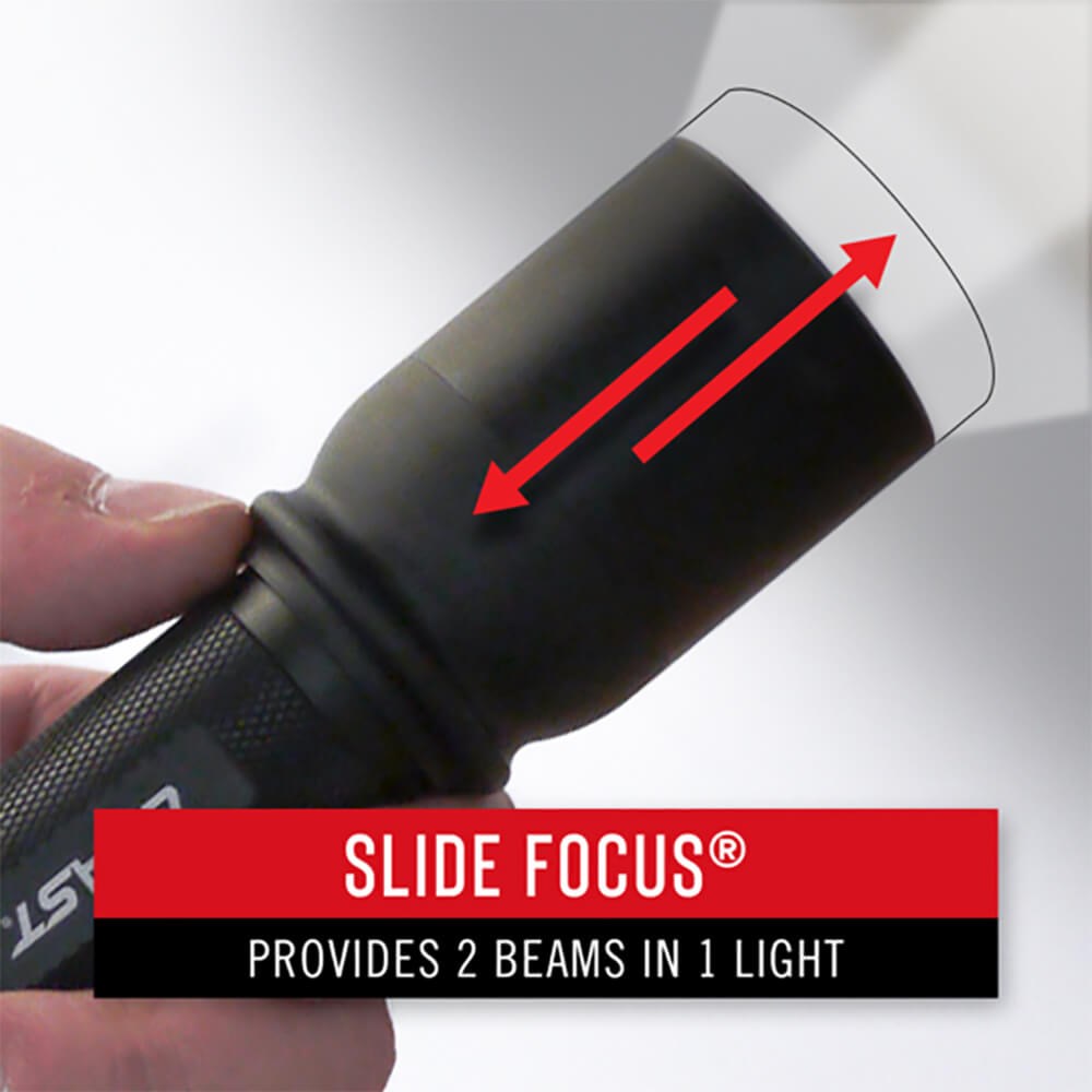 Coast XP6RLED Torch - Flashlight with 'Slide Focus' feature labeled, showing two beams in one light.