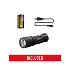 Coast XP6RLED Torch - Coast flashlights with battery, USB cable, and 'Included' label on a white background