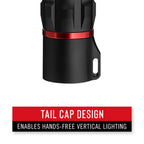 Coast XP9R LED Torch - Black flashlight with red accent on a white background, featuring text about tail cap design.