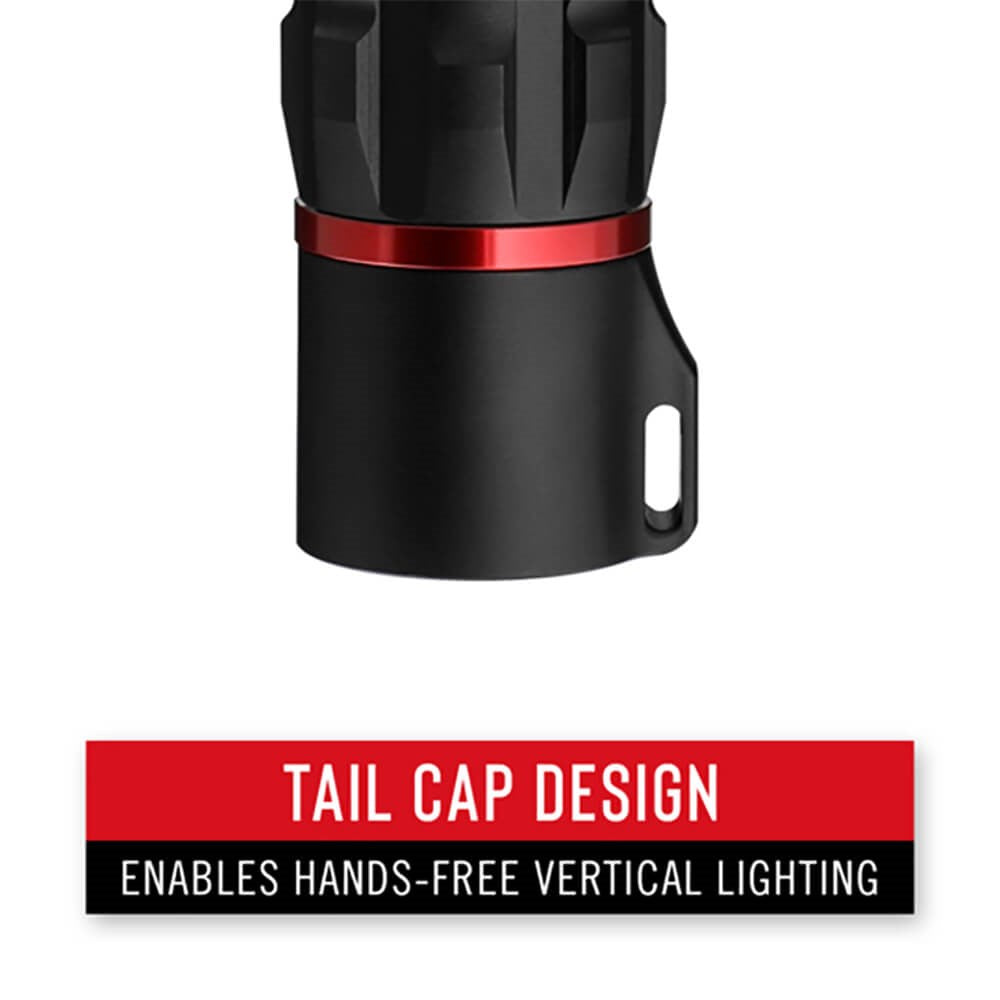 Coast XP9R LED Torch - Black flashlight with red accent on a white background, featuring text about tail cap design.