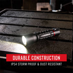 Coast XP9R LED Torch - Black flashlight on a dark surface with 'Durable Construction' text overlay