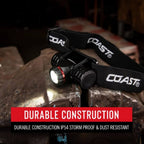 Coast XPH25R LED Torch - Coast brand headlight on a dark background with durability text overlay