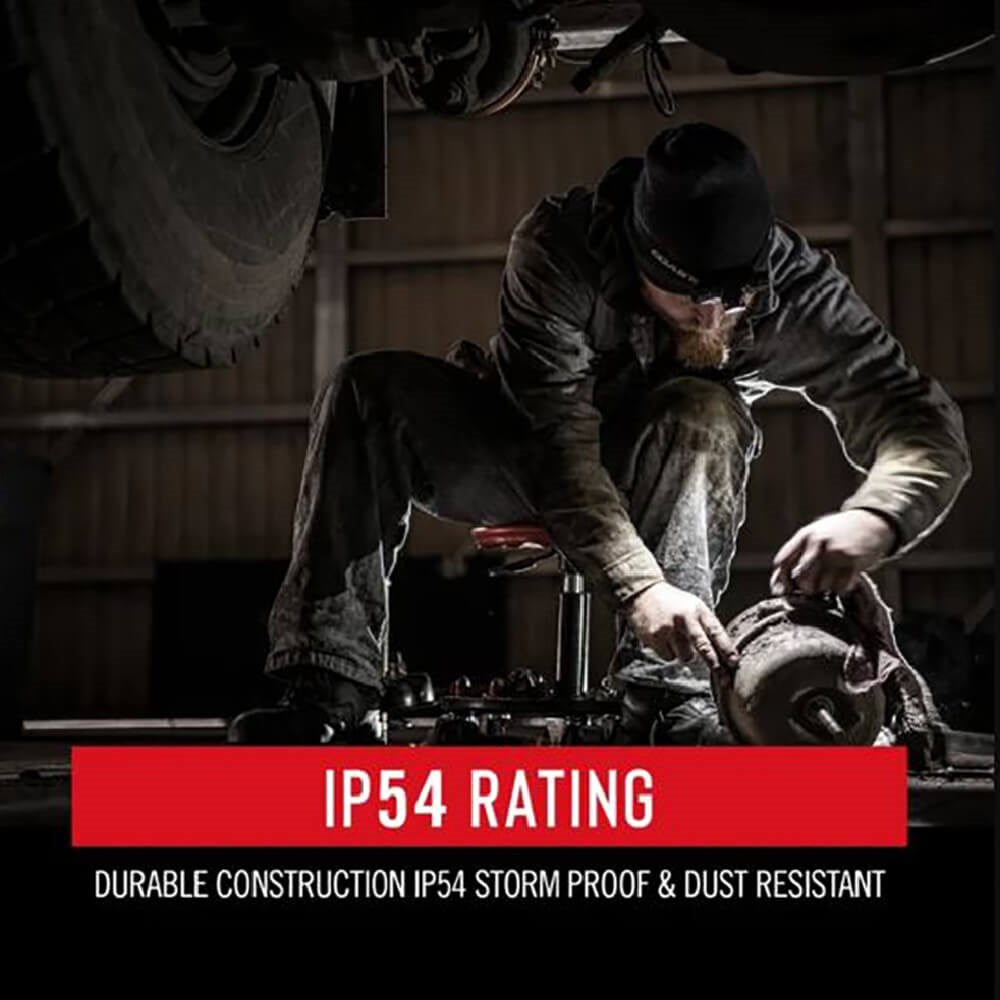 Coast XPH30R LED Torch - Person working on a vehicle in a garage with 'IP54 Rating' head lamp