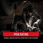 Coast XPH30R LED Torch - Person working on a vehicle in a garage with 'IP54 Rating' head lamp