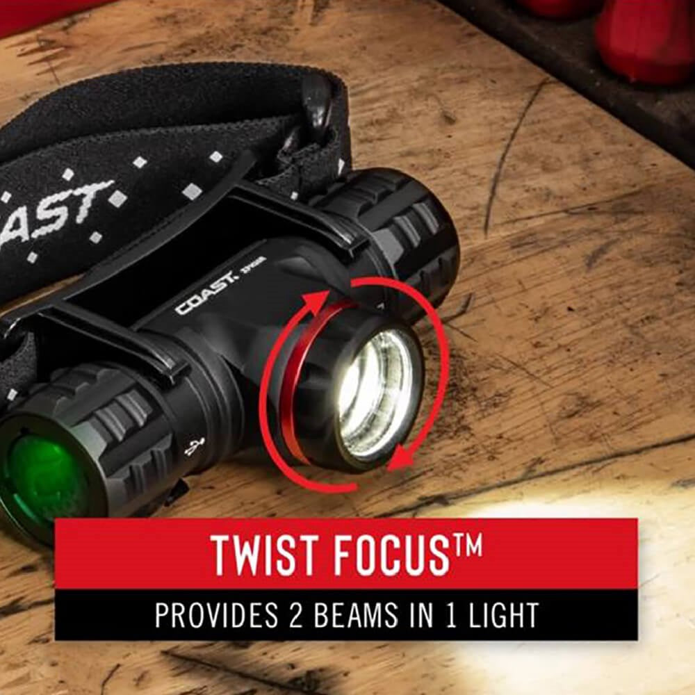 Coast XPH30R LED Torch - Coast headlight with twist focus feature on a wooden surface