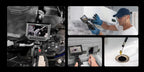 Collage of images showing a camera inspection system in use, including a close-up of the camera, a person using the camera on a wall, and another person inspecting a drain.