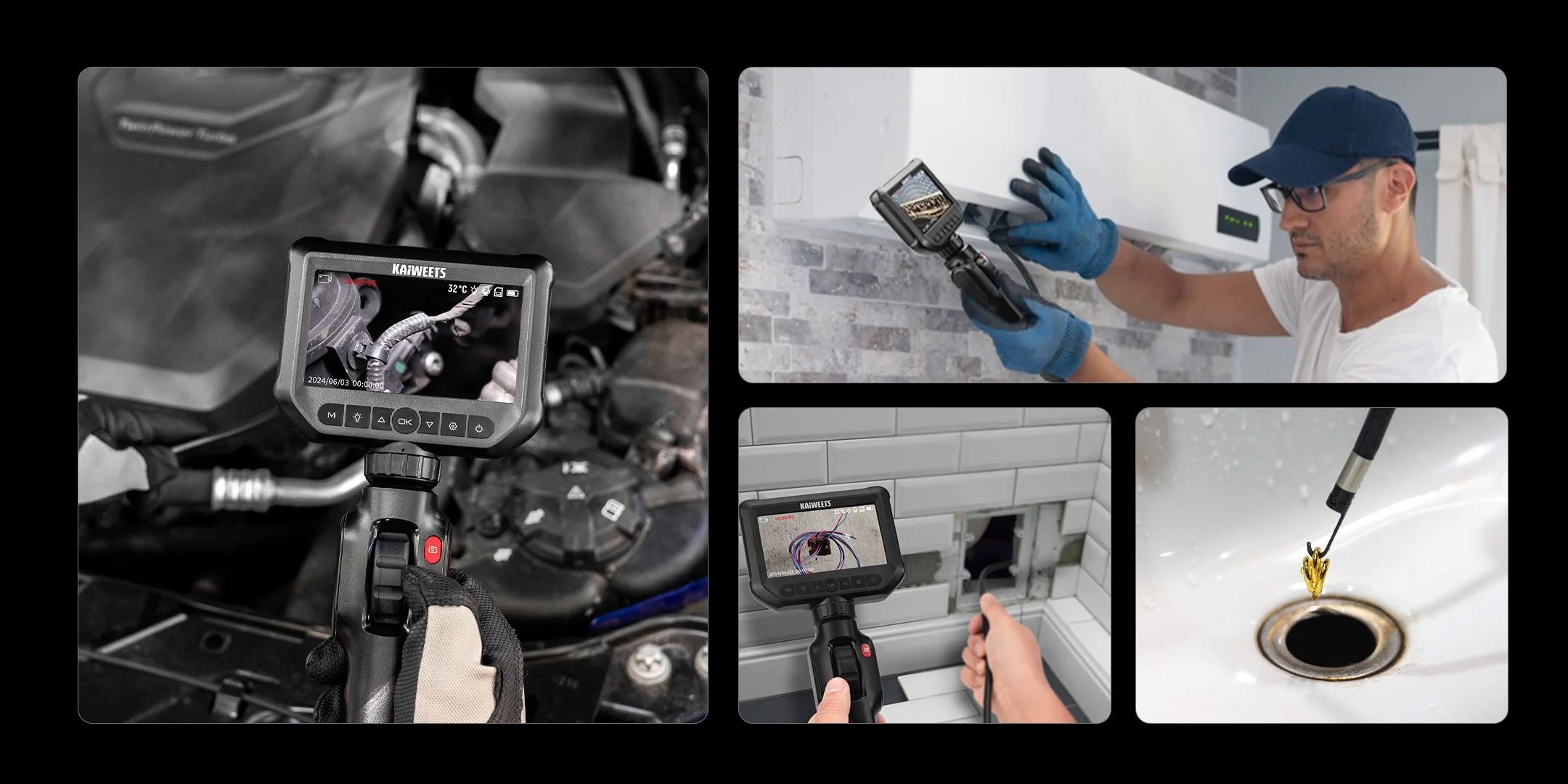 Collage of images showing a camera inspection system in use, including a close-up of the camera, a person using the camera on a wall, and another person inspecting a drain.