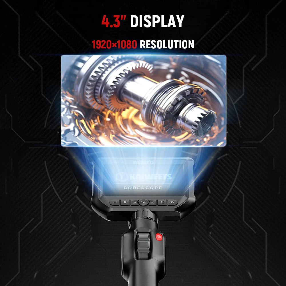 Microscope with a 4.3-inch display showing a close-up of mechanical gears, on a dark background.