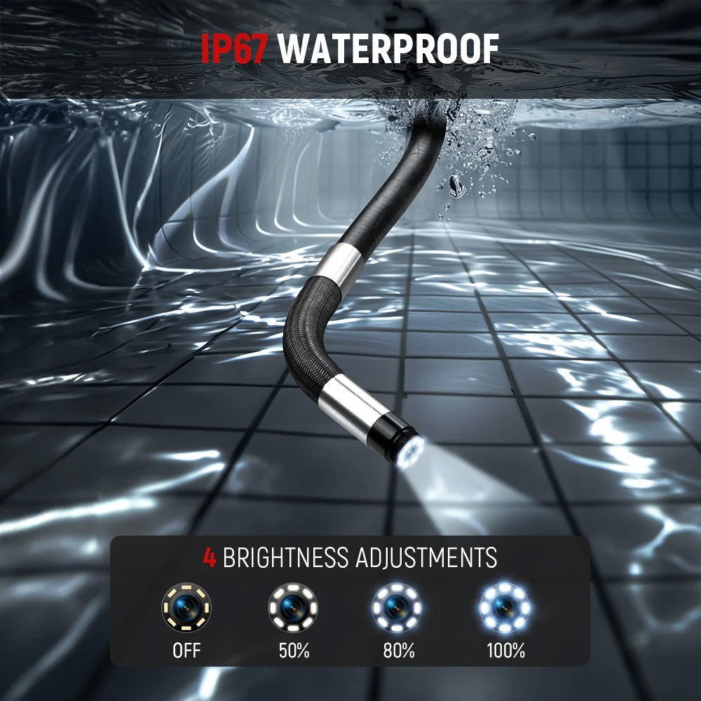 Hose being submerged in water with 'IP67 Waterproof' text and brightness adjustment controls.