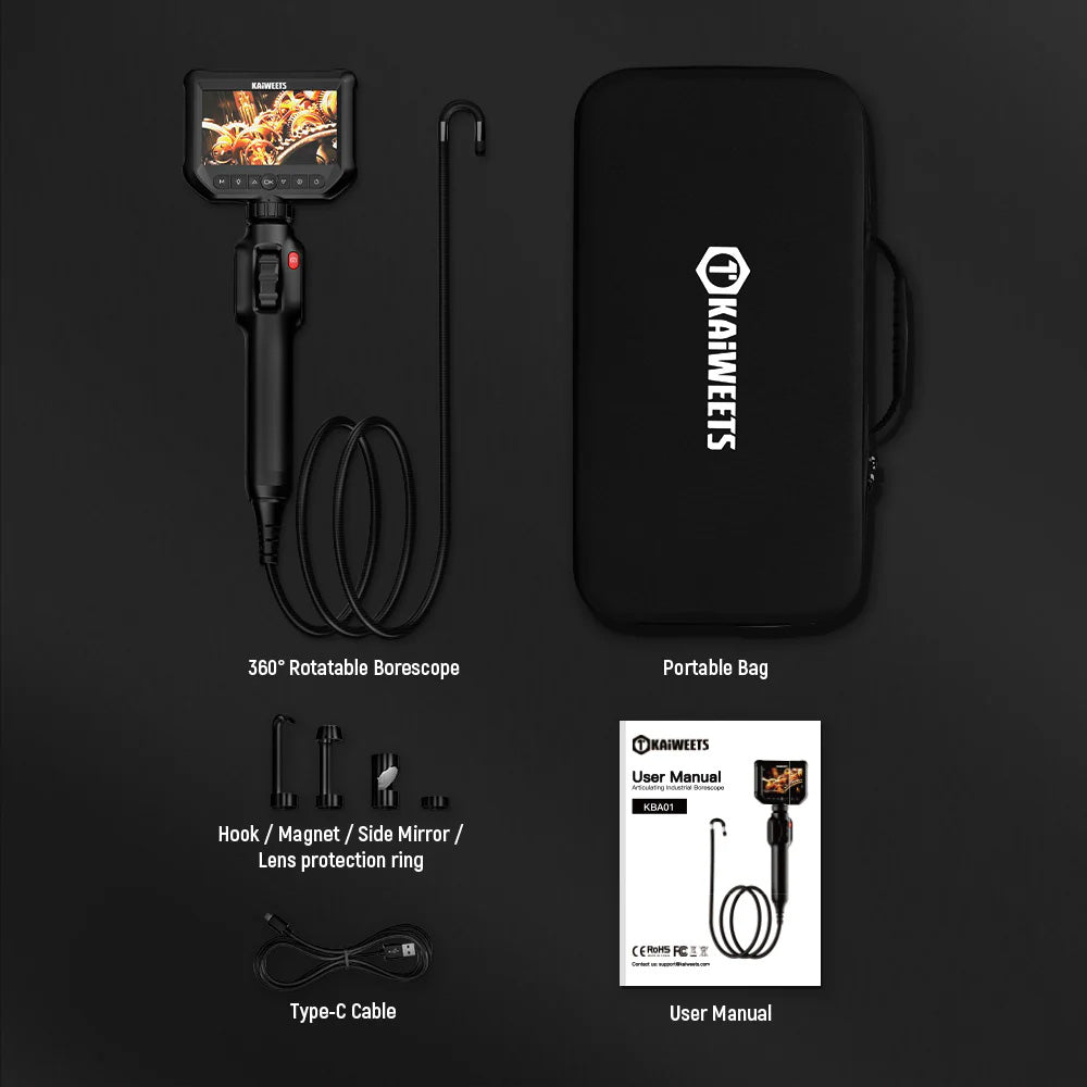 Kaneet's 360° Rotatable Borescope set with portable bag, user manual, and accessories on a black background.