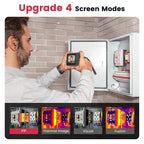 KAIWEETS thermal imaging camera Person using a thermal imaging camera on an electrical panel with screen mode upgrade options displayed.