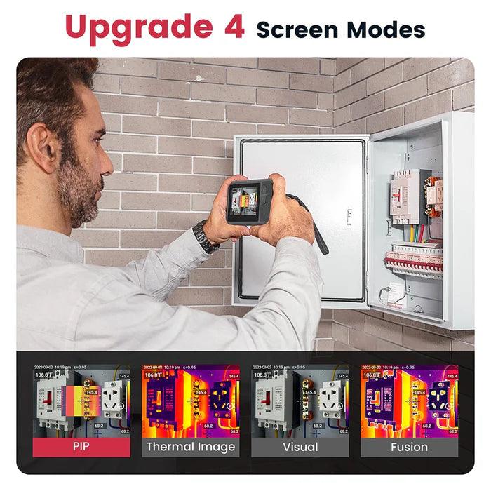 KAIWEETS thermal imaging camera Person using a thermal imaging camera on an electrical panel with screen mode upgrade options displayed.