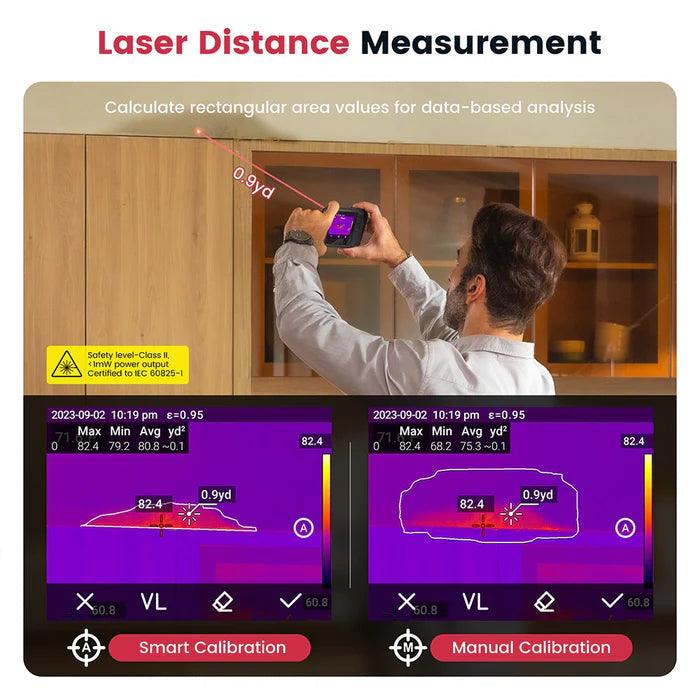 KAIWEETS thermal imaging camera Person using a laser distance measurement tool with digital display in a home setting.