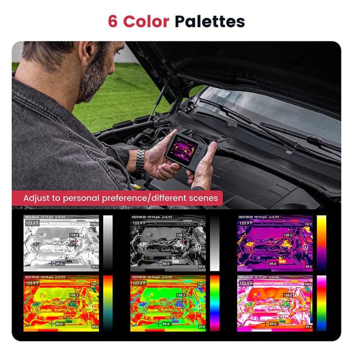 KAIWEETS thermal imaging camera Person using a thermal imaging device on a car with color palette options displayed.