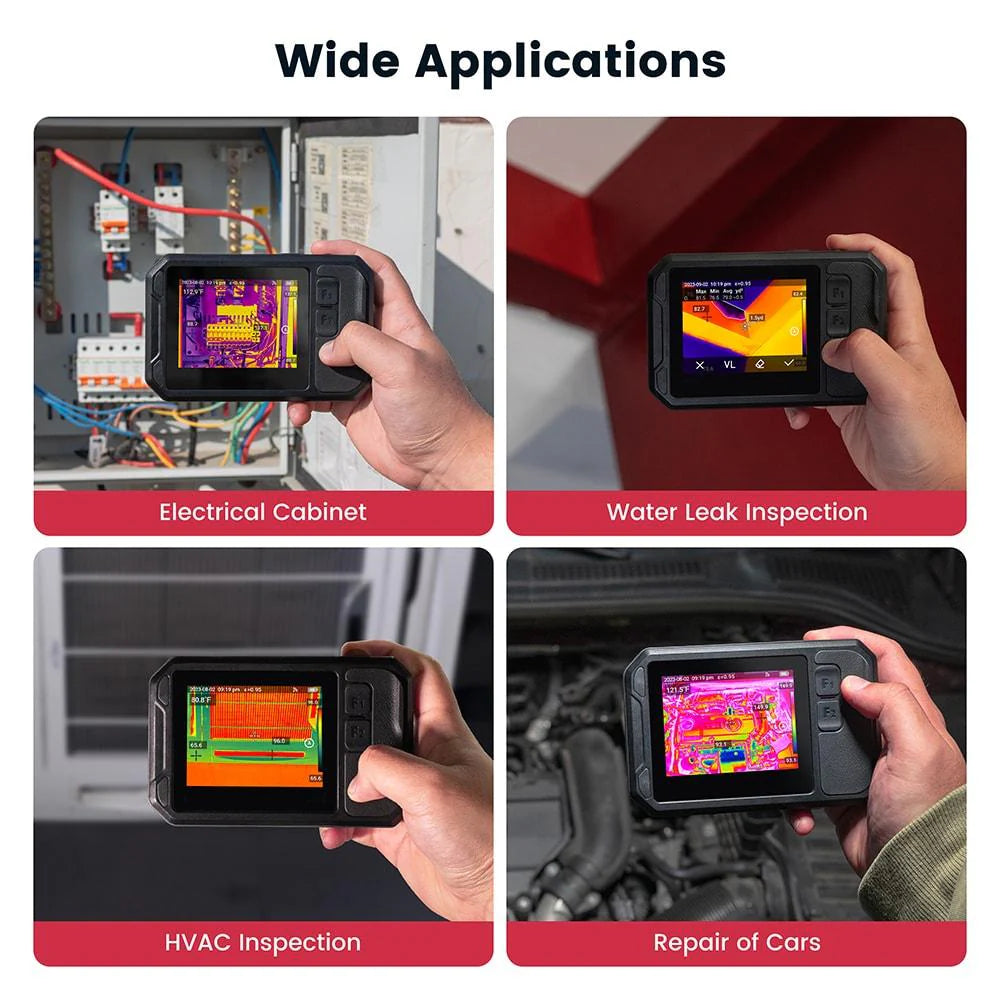 KAIWEETS thermal imaging camera Collage of a thermal imaging device being used in various applications including electrical cabinet, water leak inspection, HVAC inspection, and car repair.