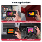 KAIWEETS thermal imaging camera Collage of a thermal imaging device being used in various applications including electrical cabinet, water leak inspection, HVAC inspection, and car repair.