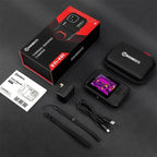 Kaiweets thermal imaging camera set with packaging, case, and accessories on a dark surface